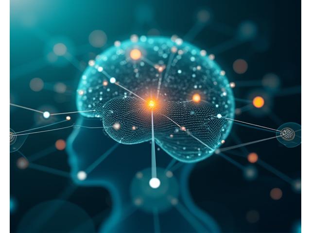 Abstract depiction of artificial intelligence processing health data, with interconnected nodes and glowing pathways