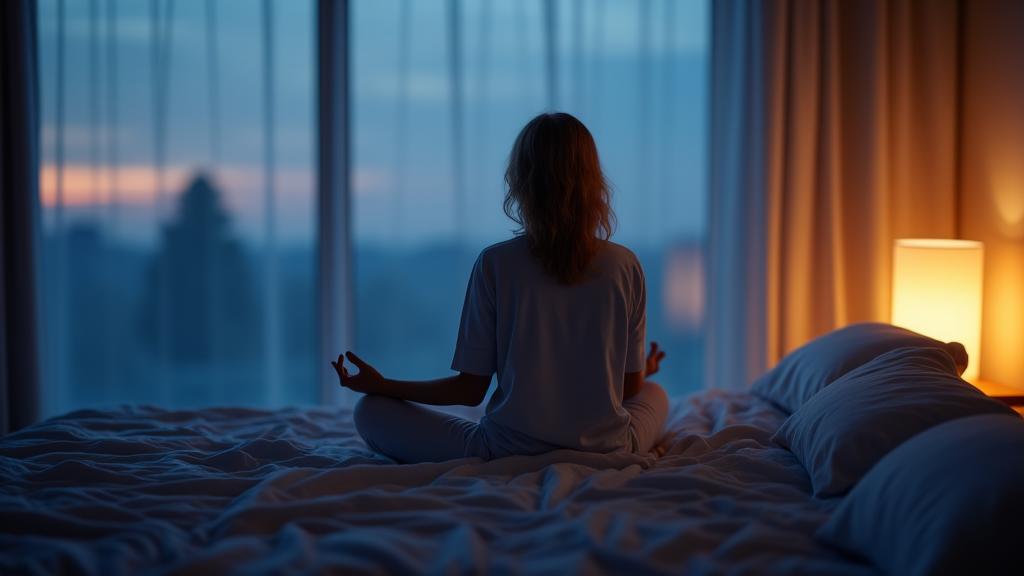 A serene interior with soft, warm lighting, showing a person sitting in a relaxed meditative pose or lying in bed calmly. The scene conveys peace and tranquility.