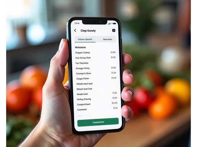 Mobile app showing smart grocery list with items checked off and integrated coupons