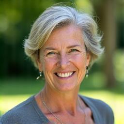 Happy client Susan Davis, 52, smiling after achieving her health goals with Lumina Wellspring's coaching.